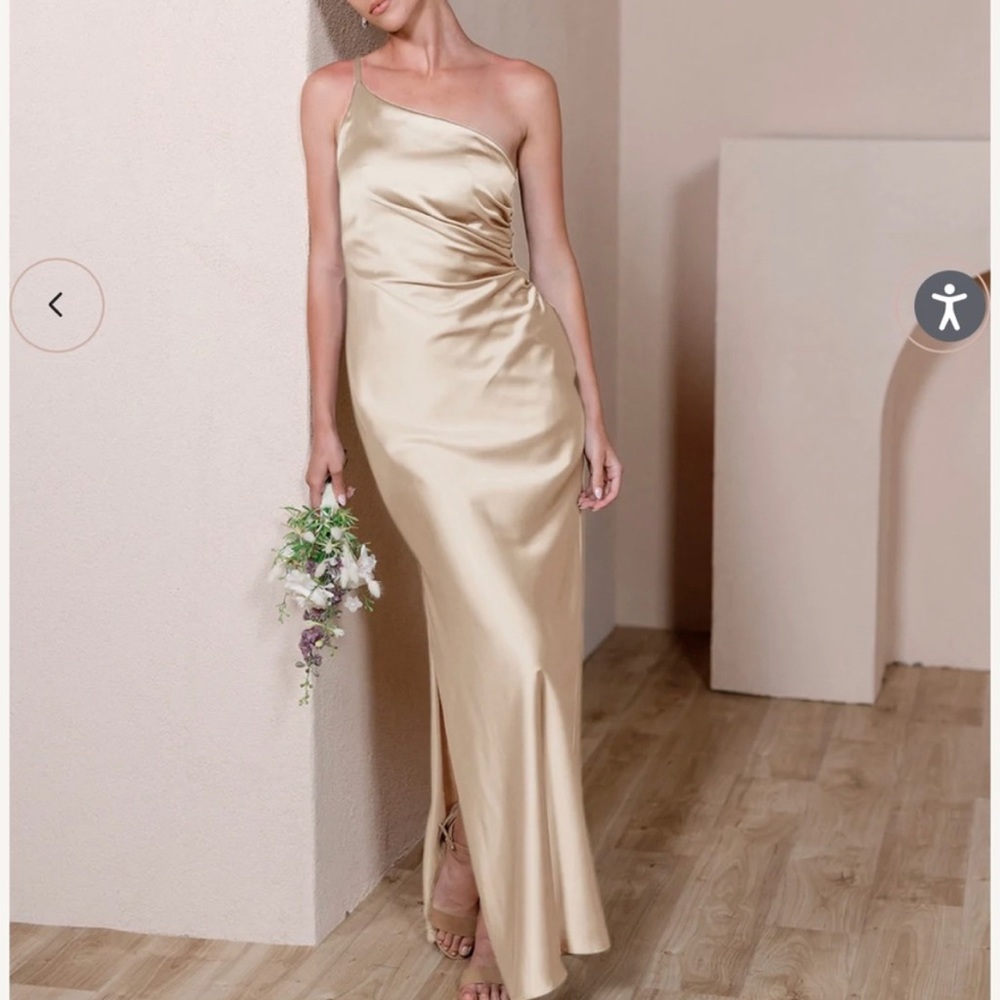 Revelry jade satin gold champagne dress